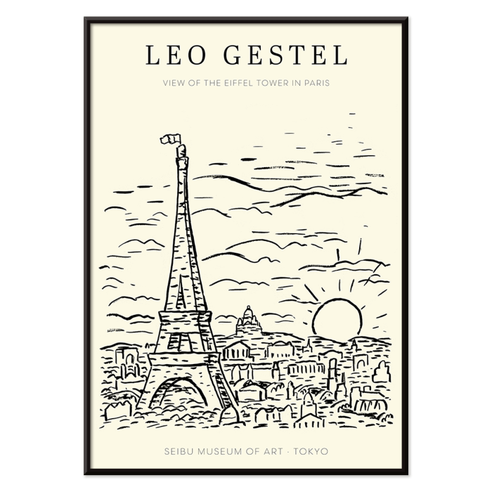 Poster with an artwork by Leo Gestel titled View of the Eiffel Tower in Paris showing a sketch of the Eiffel Tower and cityscape.