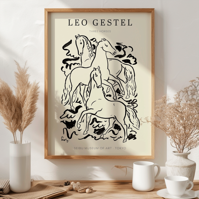 Poster featuring the artwork Three Horses by Leo Gestel, depicting a black and white illustration of three horses in dynamic poses.