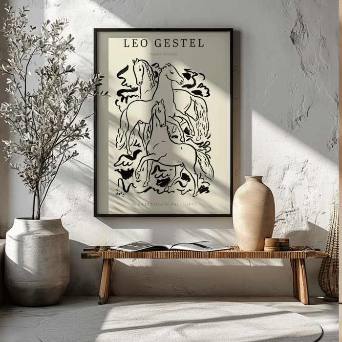 Poster featuring the artwork Three Horses by Leo Gestel, depicting a black and white illustration of three horses in dynamic poses.