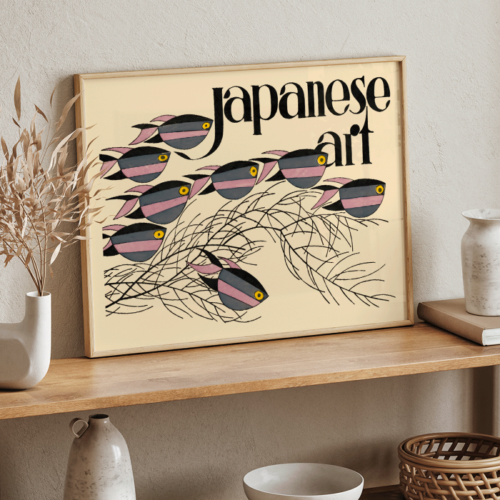 Poster of fish and seaweed with text Japanese Art by Julius Klinger