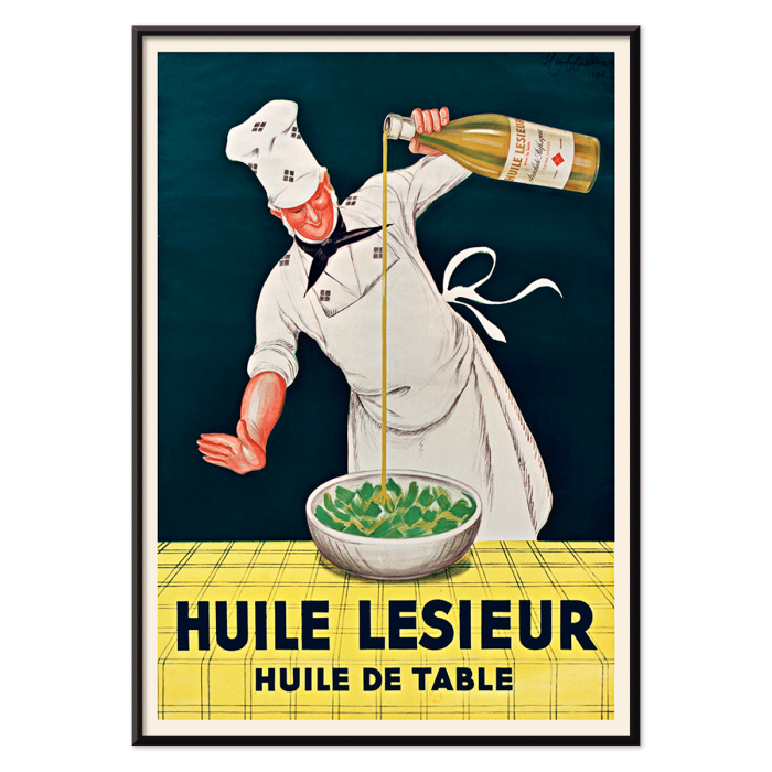 Poster featuring a chef pouring oil from a bottle into a bowl of salad Huile Lesieur by Leonetto Cappiello.