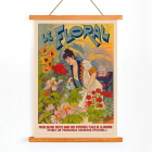 Poster of a woman watering colorful flowers with Le Floral in bold letters in the background titled Le Floral.