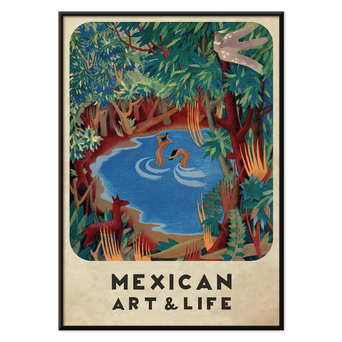 Póster presenta una vibrante escena de bosque con un estanque y vida silvestre de Carlos Mérida de Mexican Art & Life.