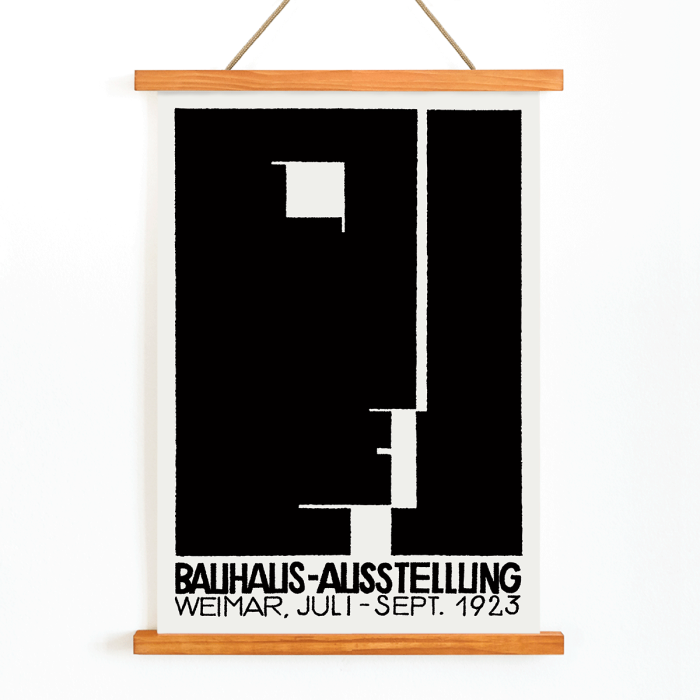 Póster de Bauhaus Ausstellung de László Moholy-Nagy con formas geométricas abstractas en blanco y negro.