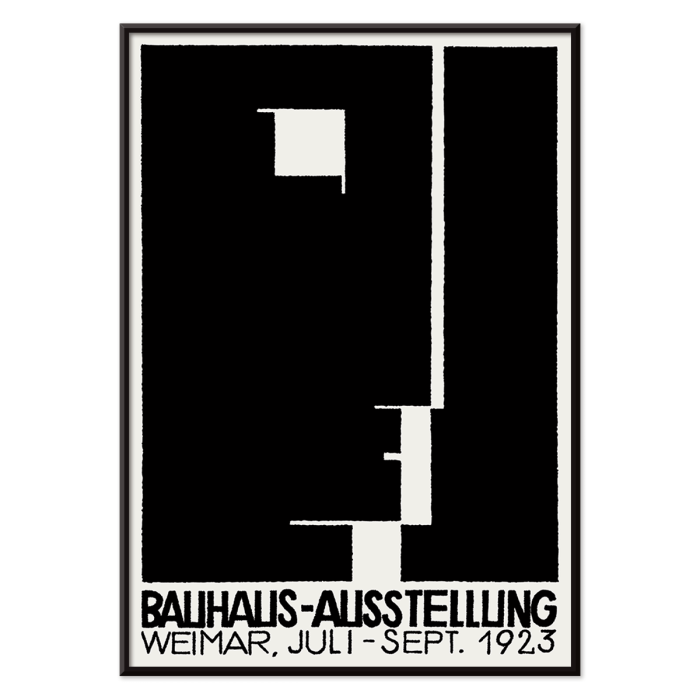 Póster de Bauhaus Ausstellung de László Moholy-Nagy con formas geométricas abstractas en blanco y negro.