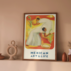 Póster titulado Arte y vida mexicana que presenta a dos personas con vestidos blancos cosechando cultivos con un fondo vibrante de color naranja y amarillo.