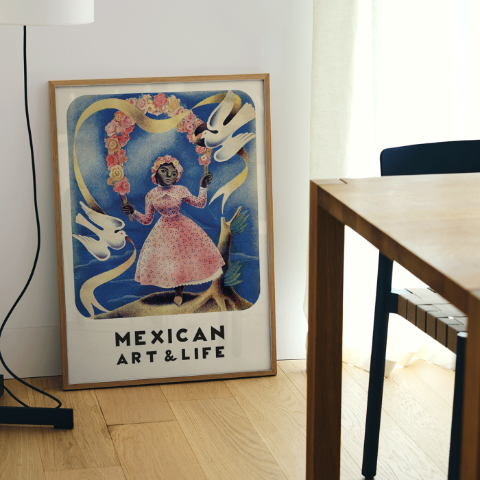 Poster featuring a girl in a pink dress with floral crown and two white doves Diego Rivera Mexican Art and Life