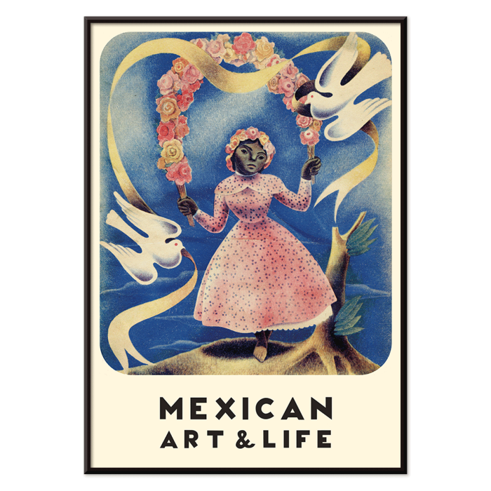 Póster con una niña con un vestido rosa con corona de flores y dos palomas blancas Diego Rivera Arte y Vida Mexicana