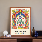 Cartel colorido de arte popular con músicos, flores, pájaros y patrones vibrantes. Edición de Arte y Vida Mexicana de Anónimo.