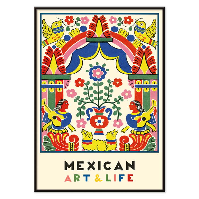 Cartel colorido de arte popular con músicos, flores, pájaros y patrones vibrantes. Edición de Arte y Vida Mexicana de Anónimo.