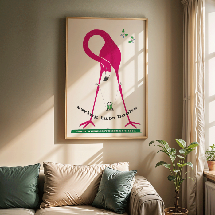 Poster featuring a pink flamingo holding a swinging monkey with a book butterflies around art piece titled Swing into books