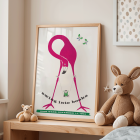 Poster featuring a pink flamingo holding a swinging monkey with a book butterflies around art piece titled Swing into books