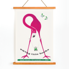 Poster featuring a pink flamingo holding a swinging monkey with a book butterflies around art piece titled Swing into books