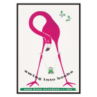 Póster con un flamenco rosado que sostiene un mono que se balancea con un libro de mariposas alrededor de la obra de arte titulada Swing into books