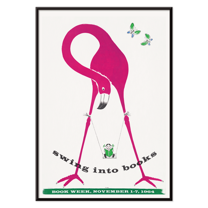 Poster featuring a pink flamingo holding a swinging monkey with a book butterflies around art piece titled Swing into books