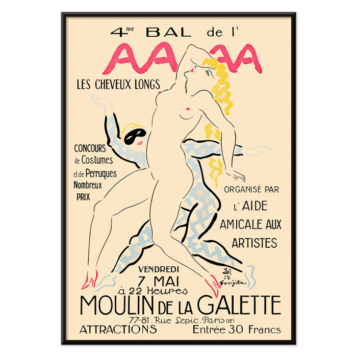 Poster titled 4eme Bal de l'AAAA by Foujita featuring an artistic depiction of two women with bold colors and elegant poses.