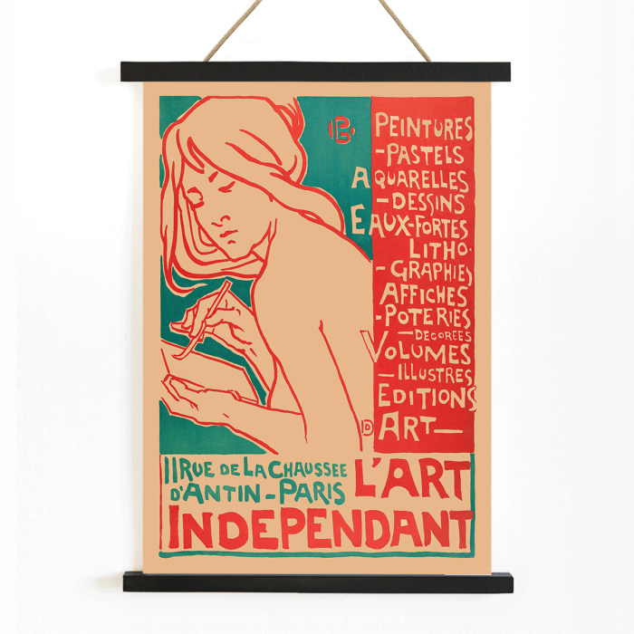 Poster d'une femme dessinant avec du texte faisant la publicité de diverses formes d'art L'Art Independant par Emile Berchmans Emplacement de Paris inclus