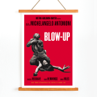 El póster de la película Blow Up presenta imágenes dramáticas en blanco y negro con fondo rojo de Michelangelo Antonioni.