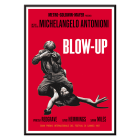 Blow Up Movie poster features dramatic black and white imagery with red background by Michelangelo Antonioni.