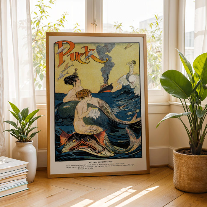 Póster vintage colorido que muestra sirenas en el océano con un barco al fondo, obra del artista anónimo Puck Magazine.