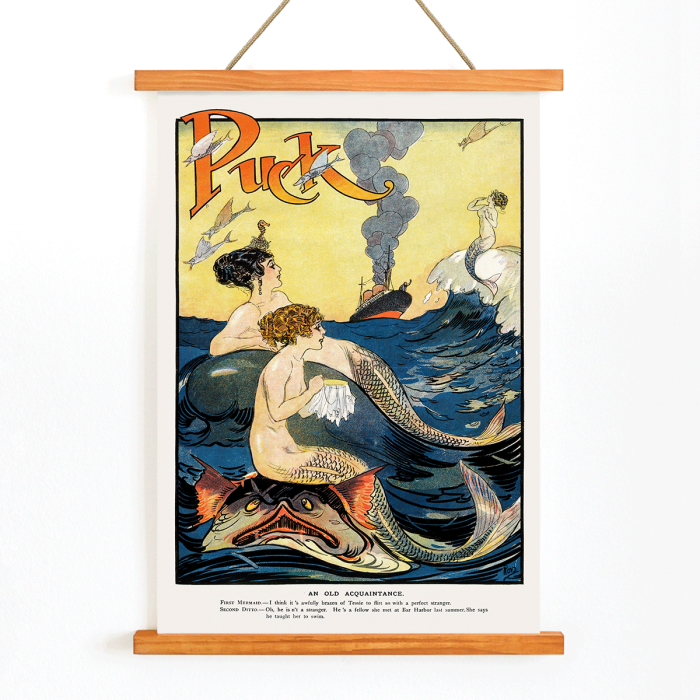 Colorful vintage poster featuring mermaids in the ocean with a boat in the background by artist anonymously depicted. Puck Magazine.