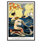 Póster vintage colorido que muestra sirenas en el océano con un barco al fondo, obra del artista anónimo Puck Magazine.