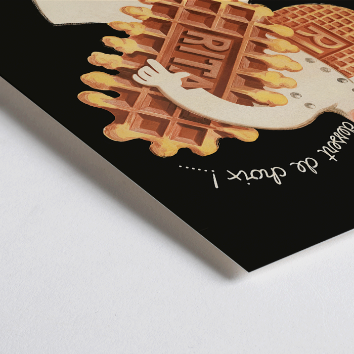 Póster de un chef sosteniendo waffles con el texto Rita Gaufres Leon Dupin promocionando postres sobre un fondo de estilo vintage.