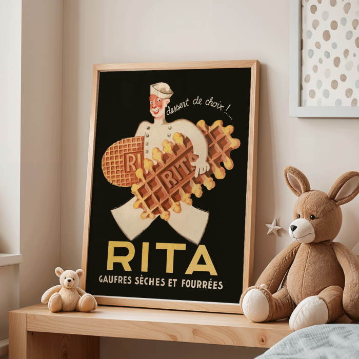 Póster de un chef sosteniendo waffles con el texto Rita Gaufres Leon Dupin promocionando postres sobre un fondo de estilo vintage.