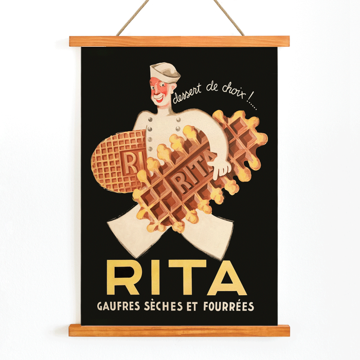 Poster of a chef holding waffles with the text Rita Gaufres Leon Dupin promoting desserts on a vintage style background.