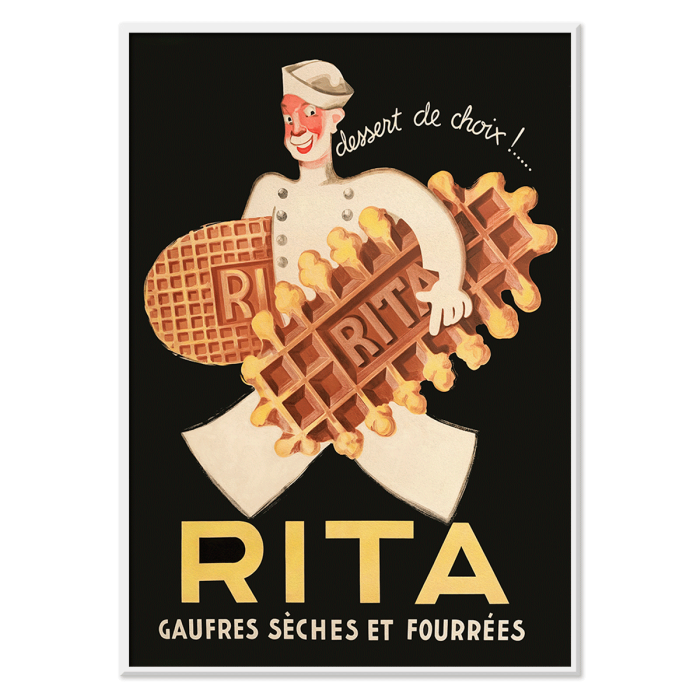 Póster de un chef sosteniendo waffles con el texto Rita Gaufres Leon Dupin promocionando postres sobre un fondo de estilo vintage.