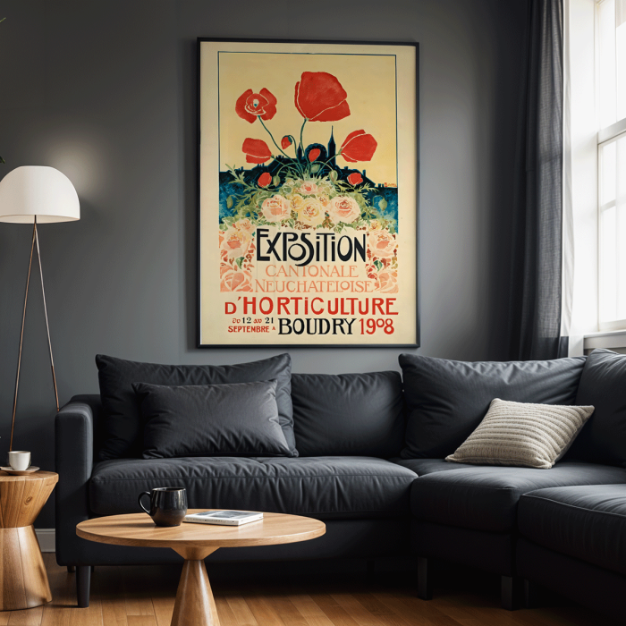 Poster featuring vibrant flowers and bold text Exposition Cantonale Neuchateloise d'horticulture by Edmond Boitel