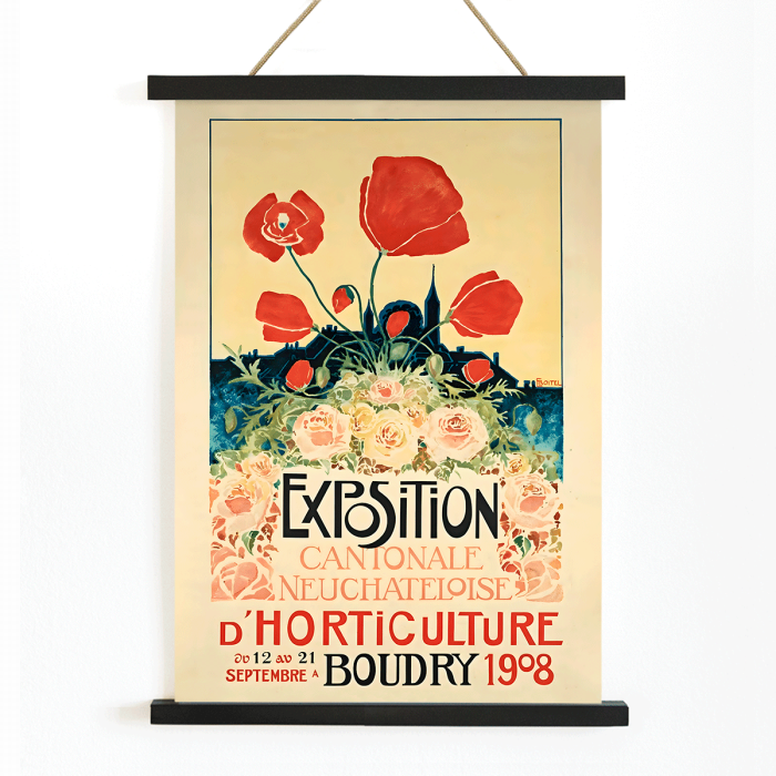 Poster featuring vibrant flowers and bold text Exposition Cantonale Neuchateloise d'horticulture by Edmond Boitel