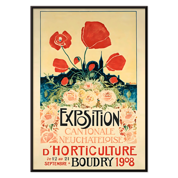 Póster con flores vibrantes y texto llamativo Exposición Cantonale Neuchateloise d'horticulture de Edmond Boitel