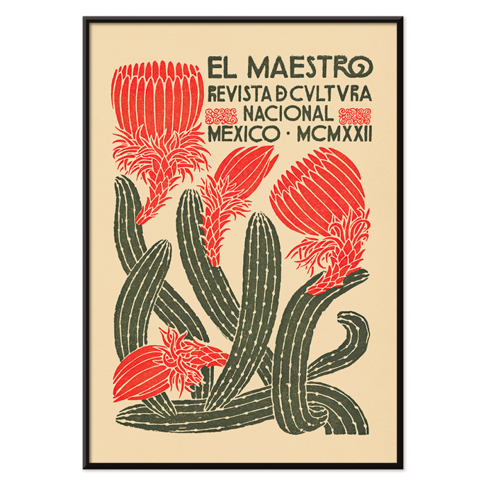 Póster de El Maestro Revista de cultura nacional México con flores rojas vibrantes y obras de arte de cactus verdes