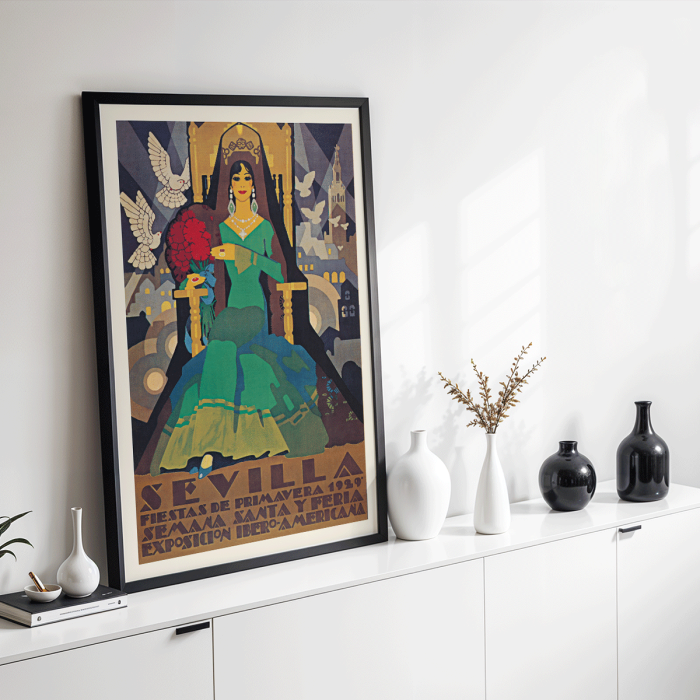 Cartel Art Déco de las Fiestas de Primavera de Sevilla que representa a una mujer con un vestido verde con palomas y un paisaje urbano de fondo.