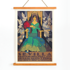 Cartel Art Déco de las Fiestas de Primavera de Sevilla que representa a una mujer con un vestido verde con palomas y un paisaje urbano de fondo.