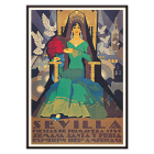 Cartel Art Déco de las Fiestas de Primavera de Sevilla que representa a una mujer con un vestido verde con palomas y un paisaje urbano de fondo.