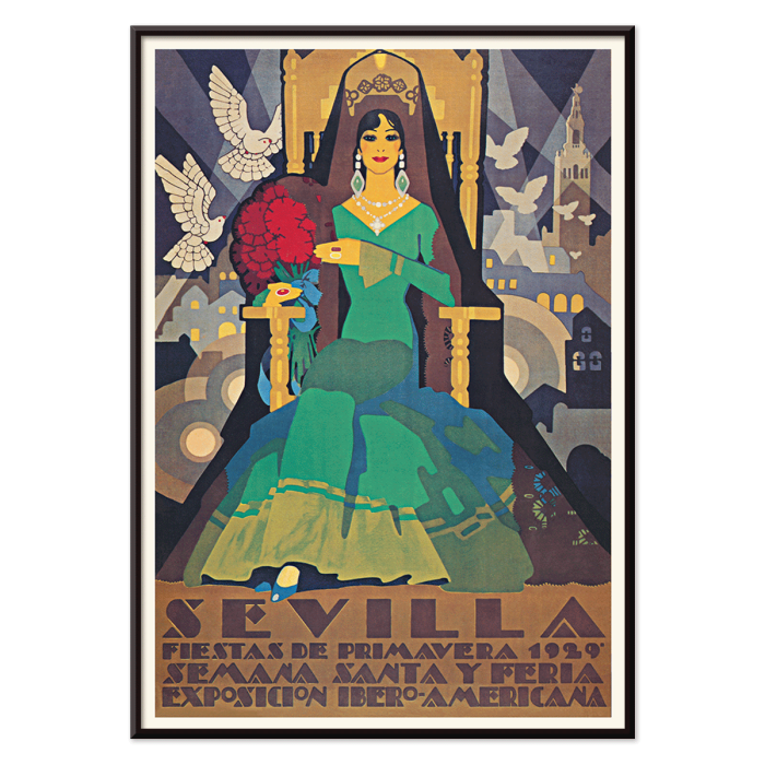 Cartel Art Déco de las Fiestas de Primavera de Sevilla que representa a una mujer con un vestido verde con palomas y un paisaje urbano de fondo.