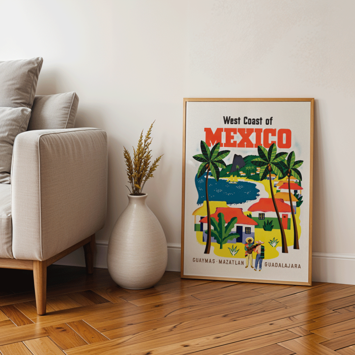 Póster presenta la costa oeste de México con palmeras y casas coloridas de Ray Bethers.