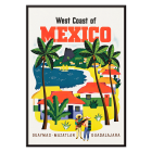 Póster presenta la costa oeste de México con palmeras y casas coloridas de Ray Bethers.