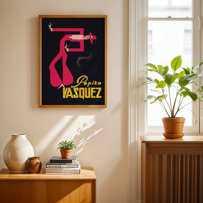 Poster d'une figure abstraite stylisée en rose et rouge sur fond noir de Tito Livio De Madrazo intitulée Pepito Vasquez.