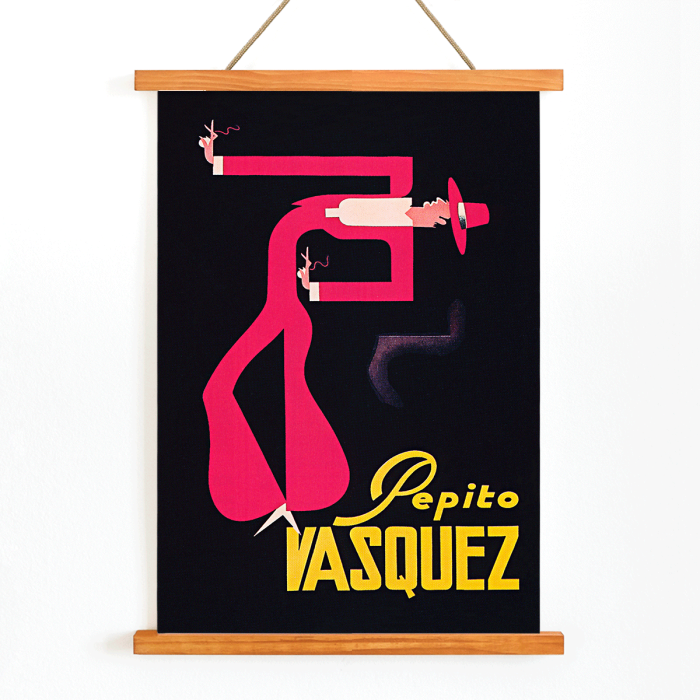 Póster de una figura abstracta estilizada en rosa y rojo sobre fondo negro de Tito Livio De Madrazo titulada Pepito Vasquez.