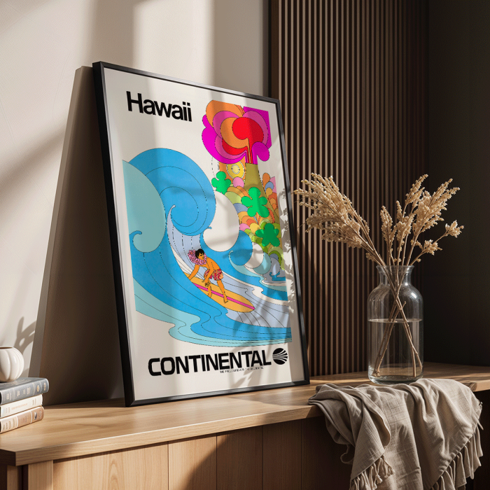 Poster d'un surfeur surfant sur une vague aux couleurs vives faisant la promotion d'Hawaï par Continental Airline intitulée Surf by Anonymous.