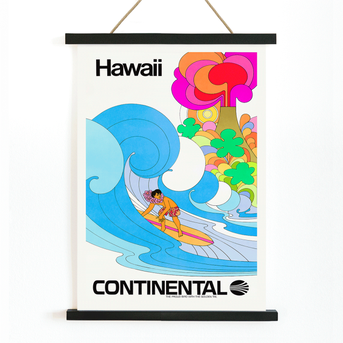 Póster de un surfista montando una ola en colores vibrantes promocionando Hawaii de Continental Airlines titulado Surf by Anonymous.