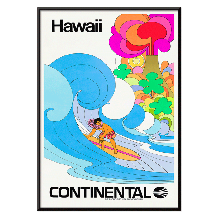 Poster d'un surfeur surfant sur une vague aux couleurs vives faisant la promotion d'Hawaï par Continental Airline intitulée Surf by Anonymous.