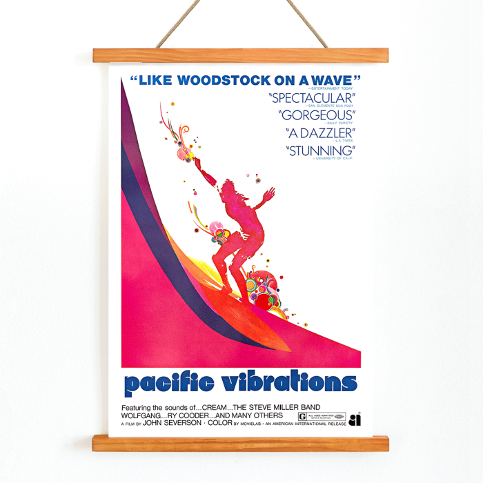 Póster colorido de un surfista en una ola para el documental de surf Pacific Vibrations de John Severson.