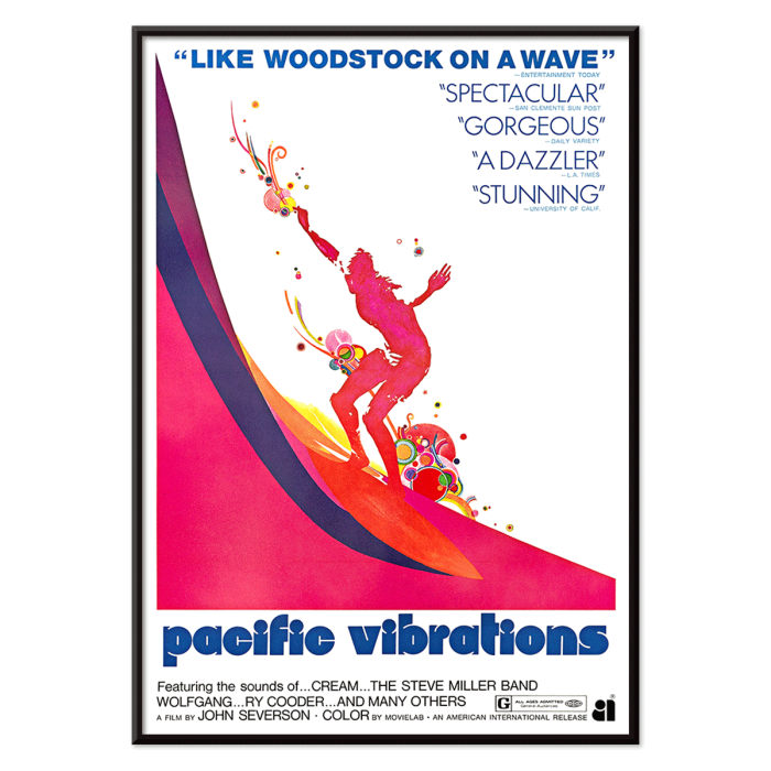 Colorful poster of a surfer on a wave for the surfing documentary Pacific Vibrations by John Severson.