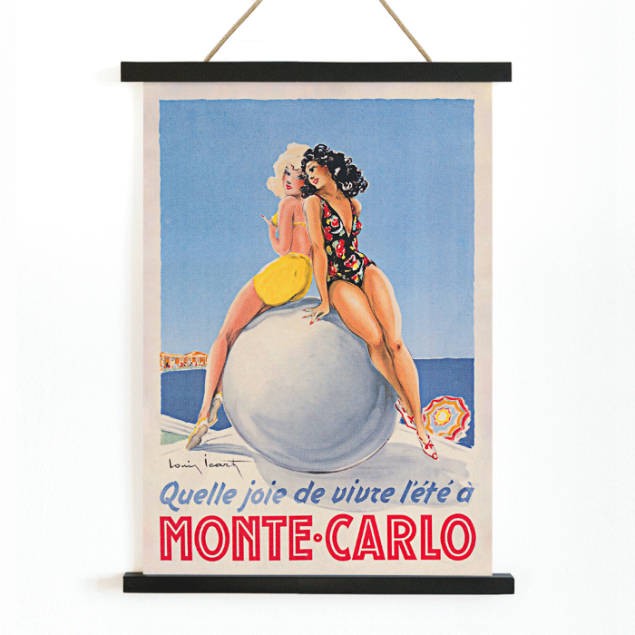 Poster showing two women seated on a large ball at the beach with text Monte Carlo by Louis Icart.