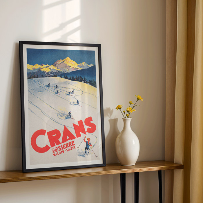 Crans sur Sierre Suiza Ski Póster con esquiadores descendiendo pistas nevadas con montañas como telón de fondo, una vibrante obra de arte.