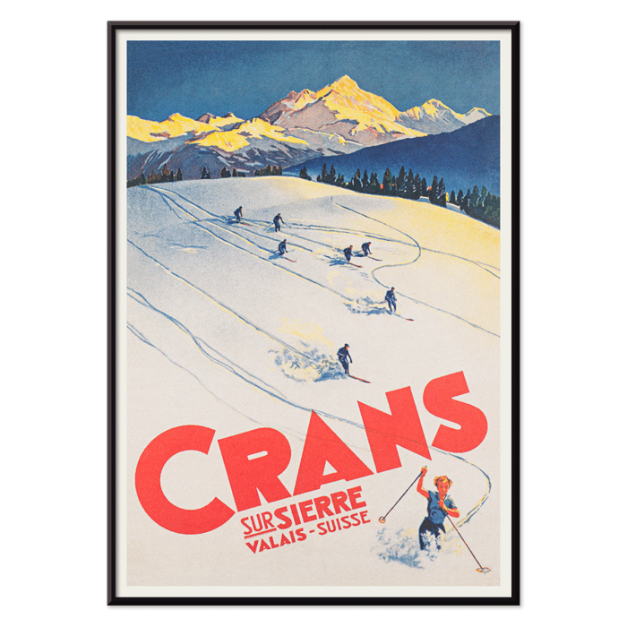 Crans sur Sierre Suiza Ski Póster con esquiadores descendiendo pistas nevadas con montañas como telón de fondo, una vibrante obra de arte.